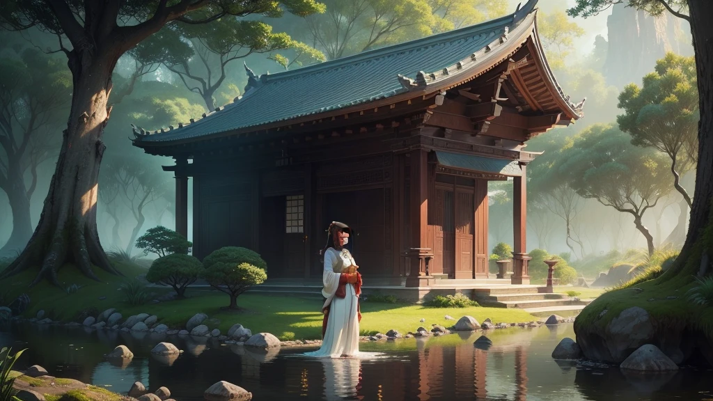 Create a captivating and visually stunning cover for a video with ambient music. The cover should be a masterpiece that not only attracts attention but also tells an intriguing story. The scene features a girl with a long braid, dressed in traditional oriental clothes, shown in full length from a distance. She stands gracefully, looking towards the horizon, evoking a sense of peace and contemplation. In the background, a serene temple rises majestically, surrounded by lush greenery and natural beauty. A calm body of water reflects the temple and the surrounding nature, enhancing the tranquil atmosphere. The soft, ambient light bathes the scene in a mystical glow, creating an ethereal and inviting mood. The composition should be designed to be highly clickable, drawing viewers in with its enchanting and serene visual narrative, promising a visually and emotionally engaging experience that will captivate millions of YouTube viewers