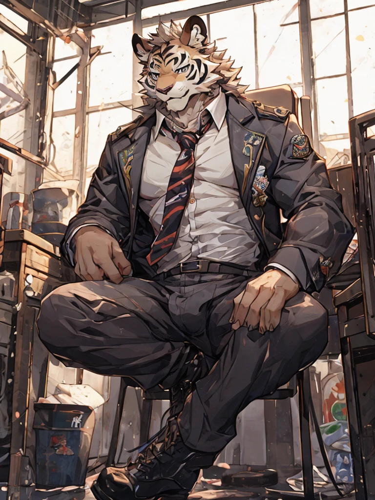{{bara extremely handsome white tiger,}} {{white fur,}} white, wearing military like purple trench coat purple trousers and white dress shirt and necktie, white fluffy furry body and limbs, loafers, very tall, very broad shoulders, narrow waist, muscular arms, massive pecs, purple eyes, very long legs,  sitting on swivel chair with legs spread, massive bulge, reading file, sophisticated smart look, full body, sunlight casting over, 3/4 view, best quality, high quality, silver earring on left ear, dead stare, cold expression