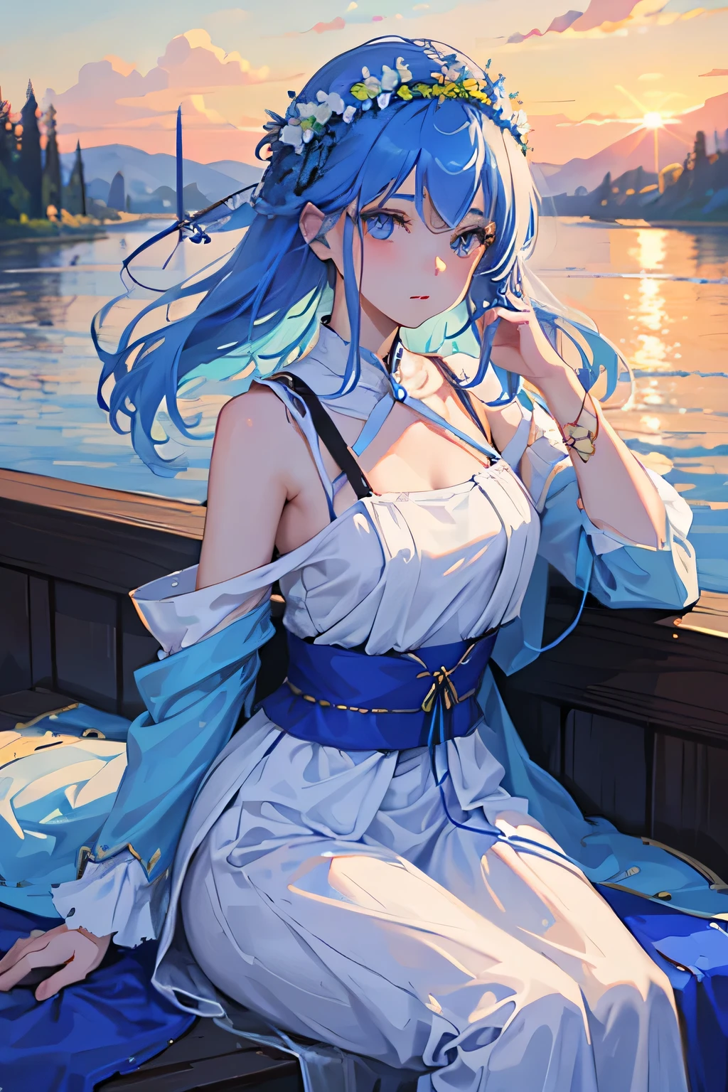 20-year-old woman in Ukrainian costume、Blue eyes with a flower crown on his head、River and blue sky in the background、Afternoon light and sunset realistic illustration