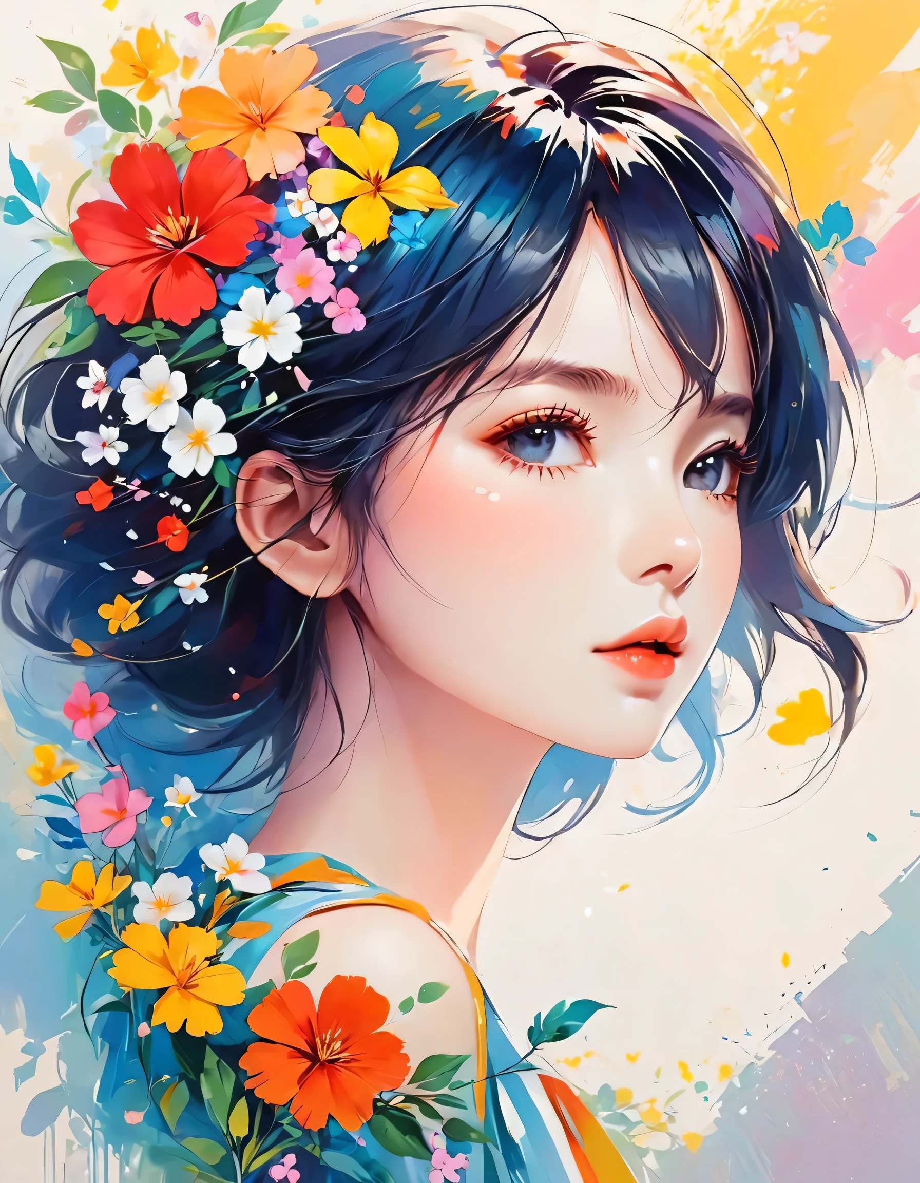 Mika Pikazo style, Simple Line Initialism,Abstract art,Urban Background, colorful flowers ,(((The most beautiful girl of all time))), Sweet face., Lips in love