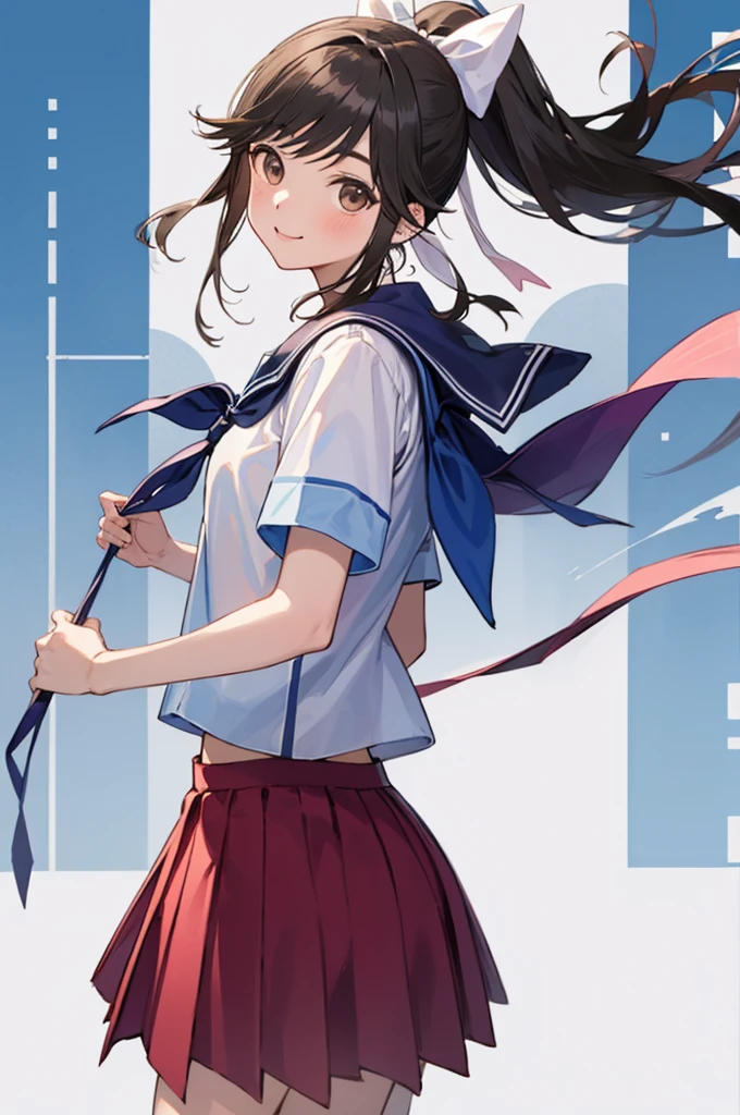 (masterpiece, best quality:1.2), cowboy shot, solo, 1girl, takane manaka, smile, looking at viewer, ponytail, hair bow, , serafuku, skirt