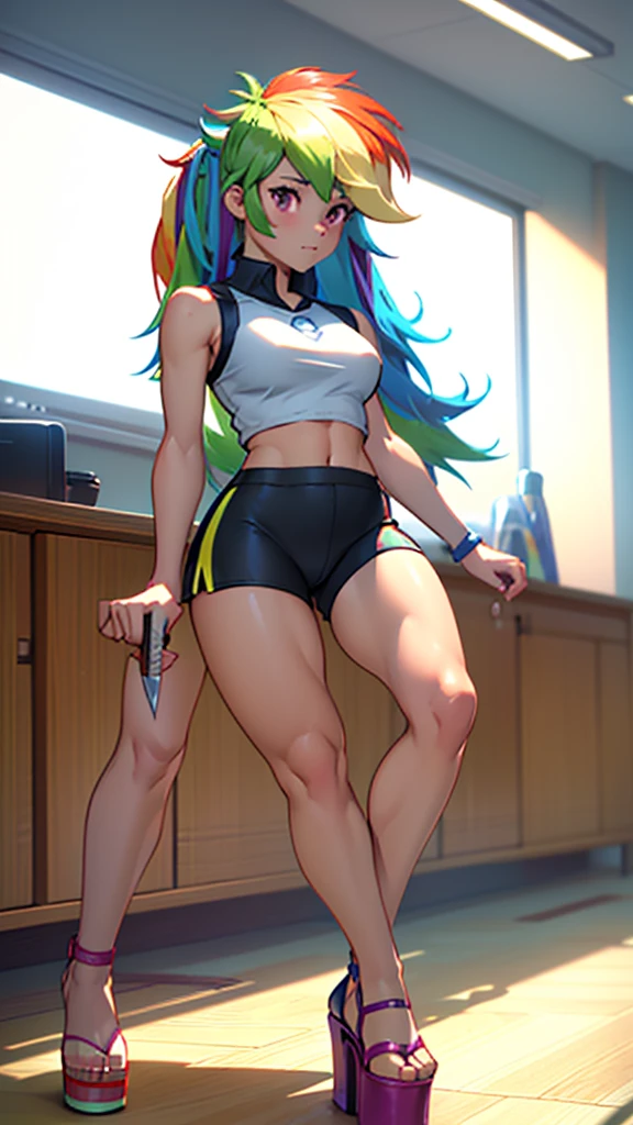 best quality, high quality, a cute girl, solo, rainbow dash, small croptop, spandex shorts, thick thighs, ((open-toe platform high heels, visible feet, highly detailed feet, holding a knife, extra small breasts)), classroom, school, ((4k, masterpiece, high-resolution))