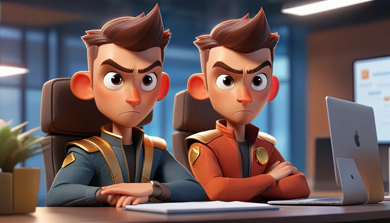 animated male and professional rocket avatar looking at camera, humanized facial features, boca, This avatar reflects innovation, the success, aspirations associated with startups, expresion facial friendly y carismatica, large eyes, expressive. gold and silver aspects, sitting at a desk with a room background, friendly, looking forward looking at the camera