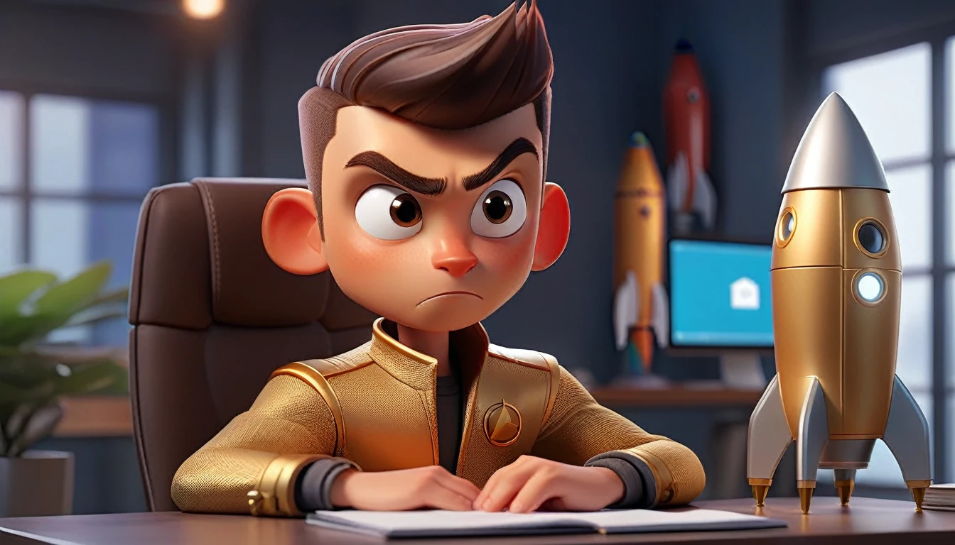 animated male and professional rocket avatar looking at camera, humanized facial features, boca, This avatar reflects innovation, the success, aspirations associated with startups, expresion facial friendly y carismatica, large eyes, expressive. gold and silver aspects, sitting at a desk with a room background, friendly, looking forward looking at the camera