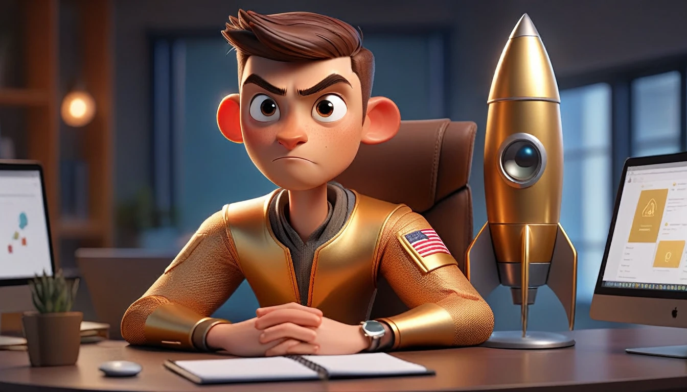 animated male and professional rocket avatar looking at camera, humanized facial features, boca, This avatar reflects innovation, the success, aspirations associated with startups, expresion facial friendly y carismatica, large eyes, expressive. gold and silver aspects, sitting at a desk with a room background, friendly, looking forward looking at the camera