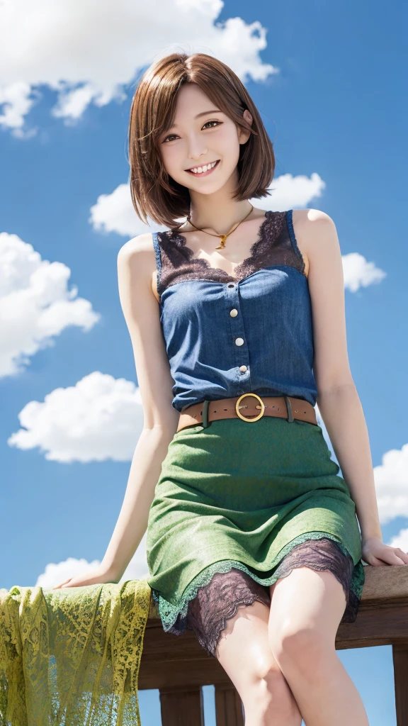 young woman,Anime Style,shoulder-length brown hair,Golden Eyes,Tops with lace-up front,necklace,Green cloth around the waist,Brown patterned skirt,Relaxed posture,Smiling,The background is blue sky,A few clouds,Bright and relaxed atmosphere,Soft lighting,Panty shot