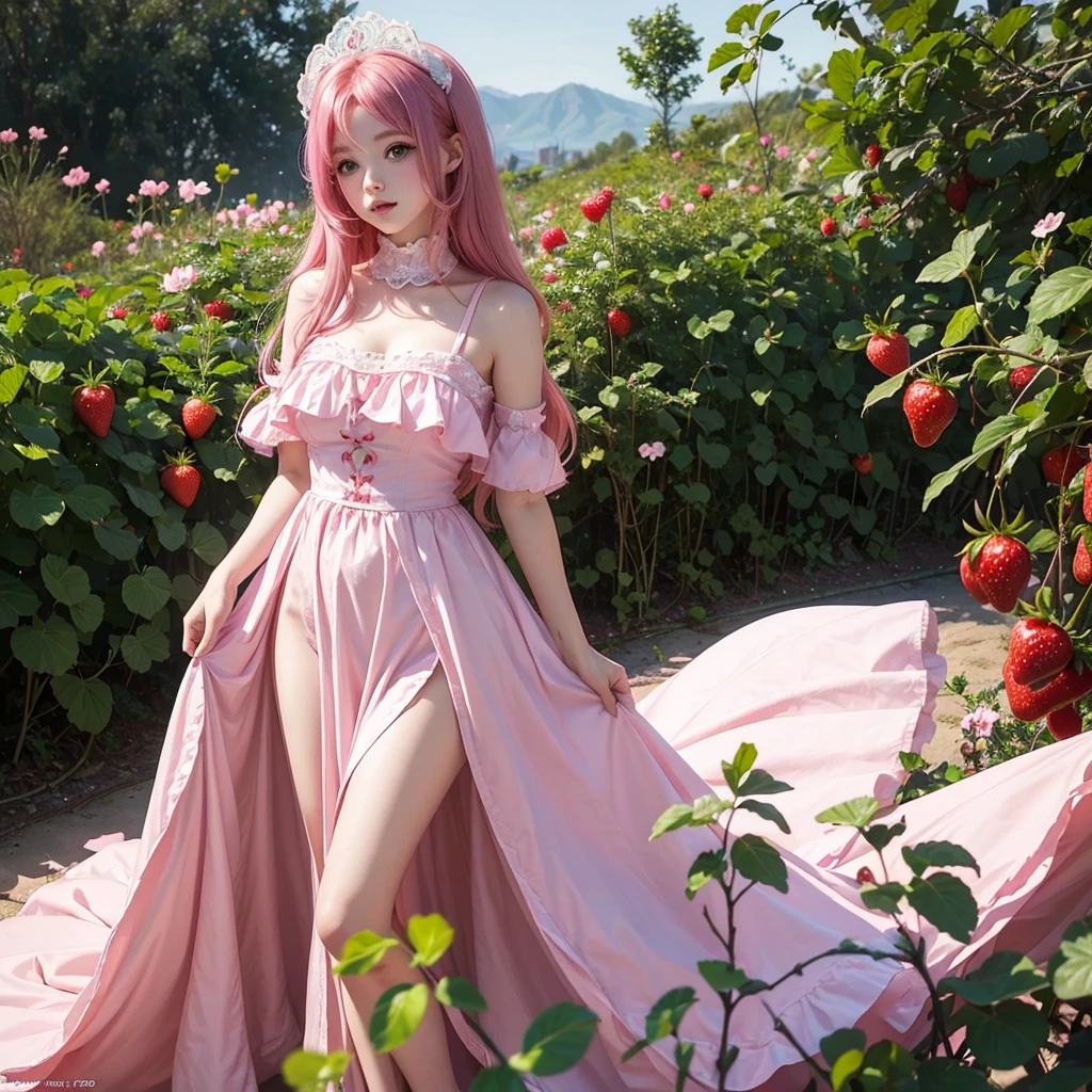 Girl from the cartoon Strawberry Shortcake She has long, dark pink hair And bright green eyes, a girl with white skin, cute features, a young girl She has pink lips and pink and green clothes. The girl in a strawberry garden Beautiful girl, sexy girl, just one girl