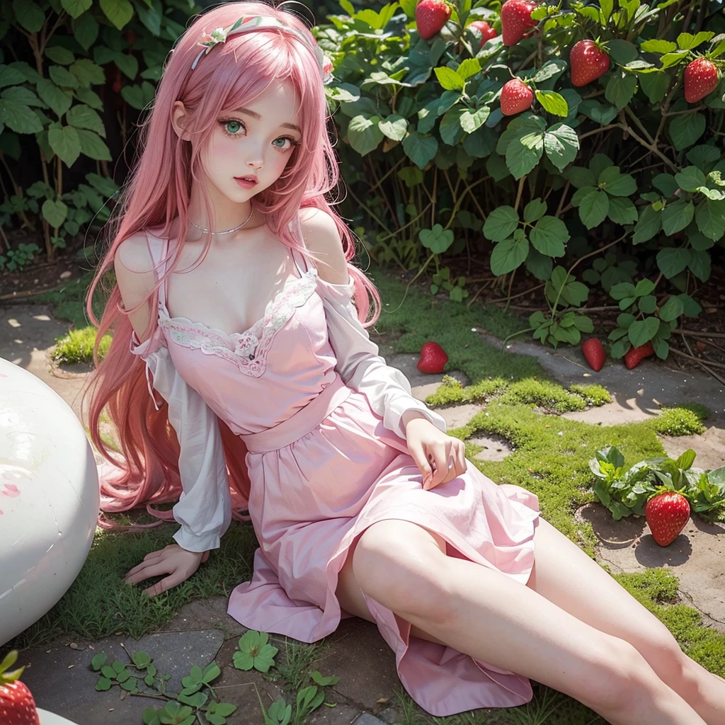 Girl from the cartoon Strawberry Shortcake She has long,  dark pink hair And bright green eyes, a girl with white skin, cute features, a young girl She has pink lips and pink and green clothes. The girl in a strawberry garden Beautiful girl, sexy girl, just one girl