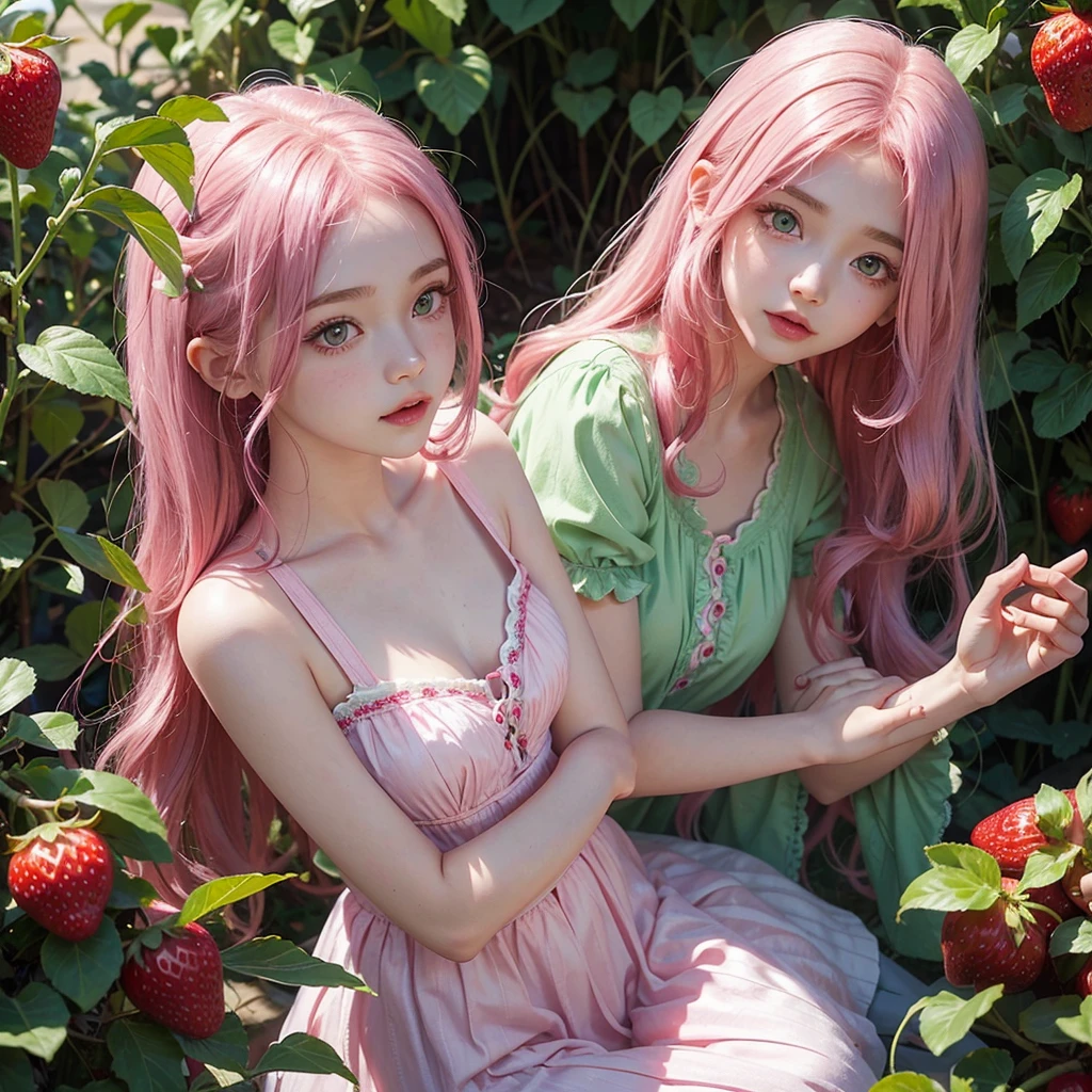Girl from the cartoon Strawberry Shortcake She has long, dark pink hair And bright green eyes, a girl with white skin, cute features, a young girl She has pink lips and pink and green clothes. The girl in a strawberry garden Beautiful girl, sexy girl, just one girl