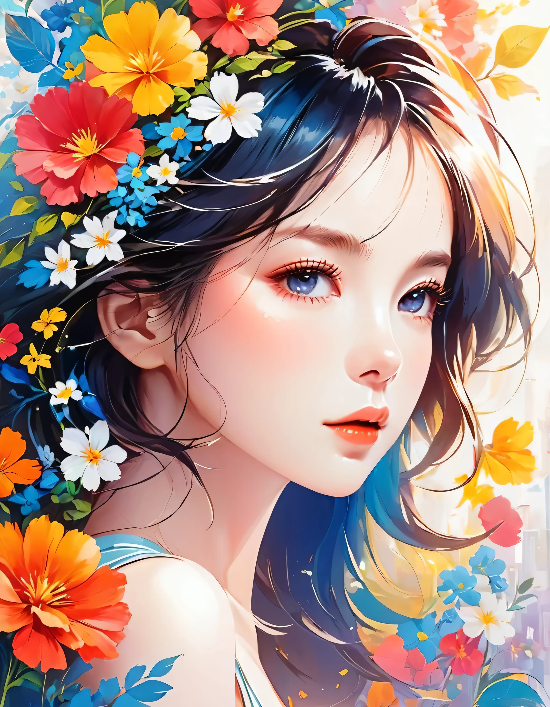 Mika Pikazo style, Simple Line Initialism,Abstract art,Urban Background, colorful flowers ,(((The most beautiful girl of all time))), Sweet face., Lips in love