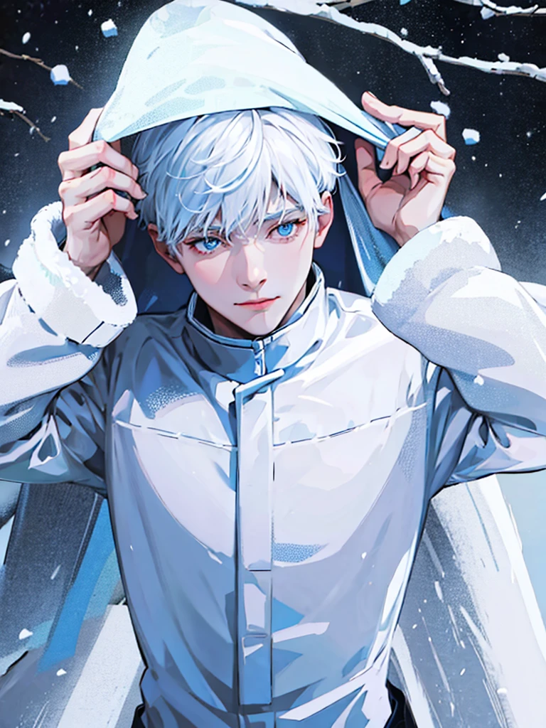 Gojo Satoru walk in winter coated in snow ,white hair , blue eyes