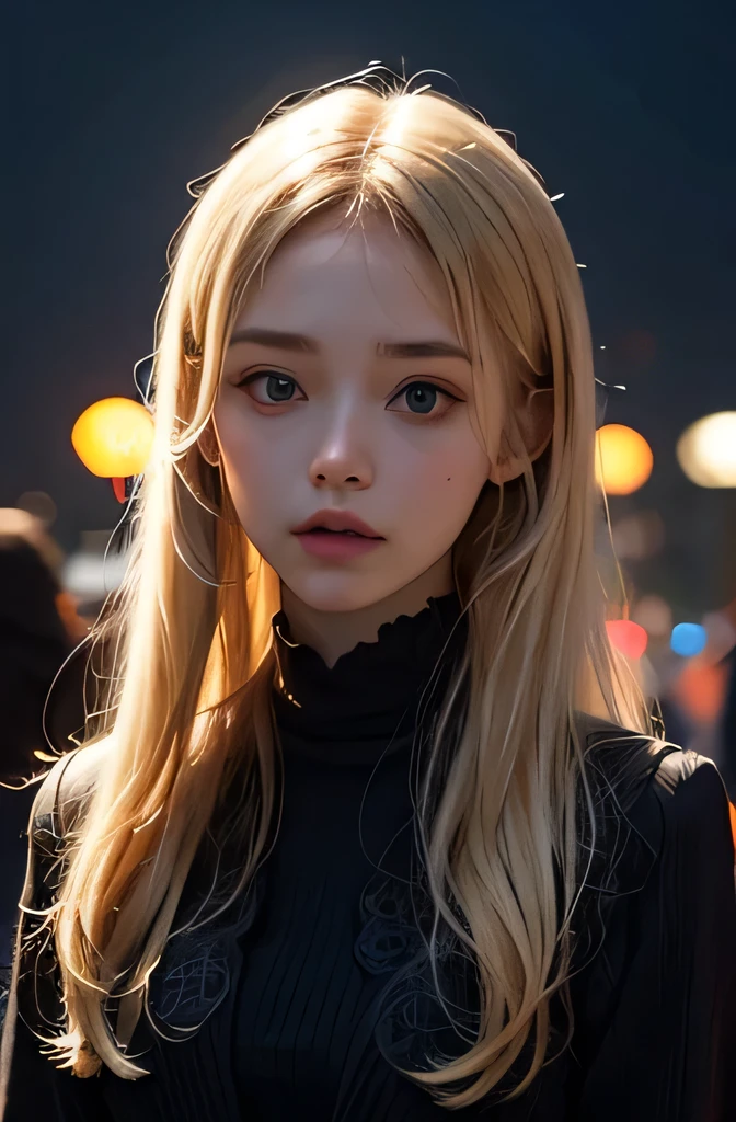 Highest quality、Highest quality、Professional portrait、Science fiction、My name is Emilia Coleman.、-yeld fee、Nickname is Emily、German look、blonde、Long Hair、Wearing a high 、Separated from his parents and raised by his uncle and aunt、He has a sulky side and longs for the adult world.、The background is a blurred night view