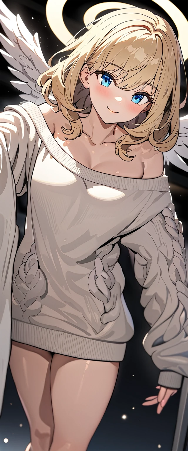 ((flying in the sky)), ((angel, big big white wings:1.3, halo:1.3)), ((sky)), ((())), (((cowboy shot))), archangel Uriel, ((wavy hair, outward curled hair)), evening, Sunset, ((blond hair, bob cut:1.3)), breasts, teenager, (looking at viewer), oversized clothes, puffy long sleeves, collarbone, ((off-shoulder sweater:1.3, Quite thick shoulder straps)), ((white sweater)), collarbone, head tilt:1.3, (((blue eyes))), ((happy smile)), (((anime style))), (best quality, 4K, 8K, highres, masterpiece:1.2, ultra-detailed, ultra-detailed eyes, HDR, uhd, studio lighting, ultra-fine painting, sharp focus, physically-based rendering, extreme detail description, professional, vivid colors, bokeh)