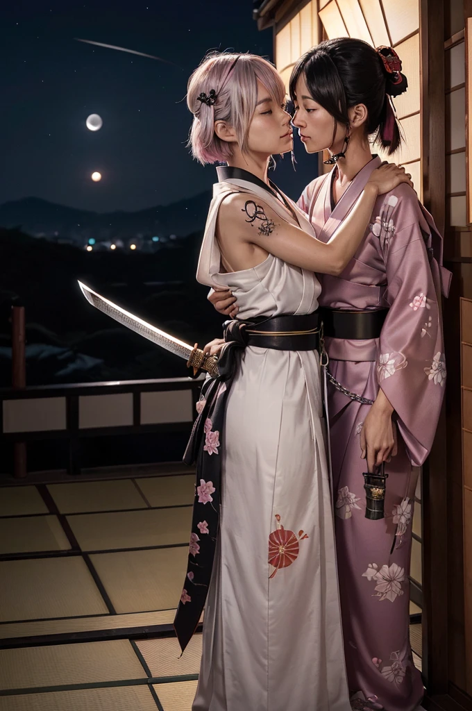 nsfw,(Highest quality:1.2),32k HDR,High resolution,Perfect Anatomy,Wet and shiny white skin,Slender model figure,Ahegao,Silver and pink hair,short hair,soaked through,Super small face,Collar and leash,Alley,Edo Town,shrine,Domestic,photo shoot,Maid,((Japanese sword)),tattoo,((whole bodyにタトゥー)),(Arms covered in tattoos),tattoo,((whole bodyにタトゥー)),(Arms covered in tattoos),(whole bodyをA body covered in tattoos), (A body covered in tattoos),((Collar with leash)),(Lockに繋がれた少女),Women in ecstasy,climax,Acme,Detailed skin texture, Detailed face, Fine grain,((whole body)),((艶やかなkimono)),(((nightの町))),((暗darkness)),((頭からfootまで)),((Lock帷子)),(((Lock))),(foot),(((Wrapped in a cloth))),((geta)),((大きなJapanese swordを構える)),(((Japanese swordを構える)),((kimono)),((Are standing)),((Wrap a cloth around your chest)),(((巨大なJapanese sword))),((Wear a black belt around your waist)),((花柄のkimono)),((Thin fabric)),((身長と同じくらいの大きさのJapanese swordを振りかぶる)),((night:1.2)),((Dim light)),((Glaring at the camera)),((Bold pose)),(((Restraints))),(((darkness))),(((moonlight:1.5))),,(((kimonoの上からLockを身体中に巻く:1.2))),(((Japanese sword:1.3))),((Lock)),((Hakama)),((Wrap the chain:1.2)),(((Two Subjects)),((Two women:1.2)),((Embrace each other)),