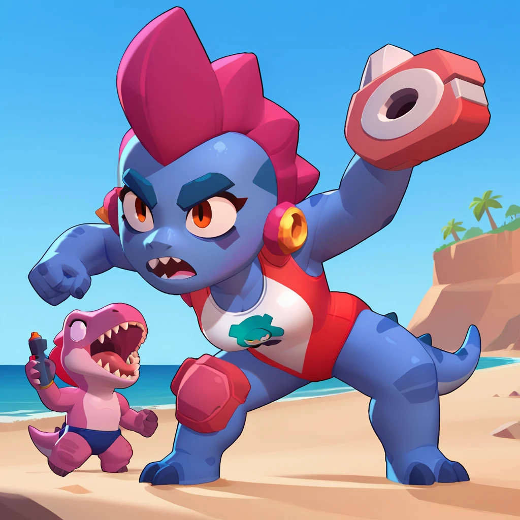 full view of a dinosaur, female, dark blue skin, dinosaur dressed in a swimsuit, having pink and white buoy, dinosaur animal, fight, brawl stars