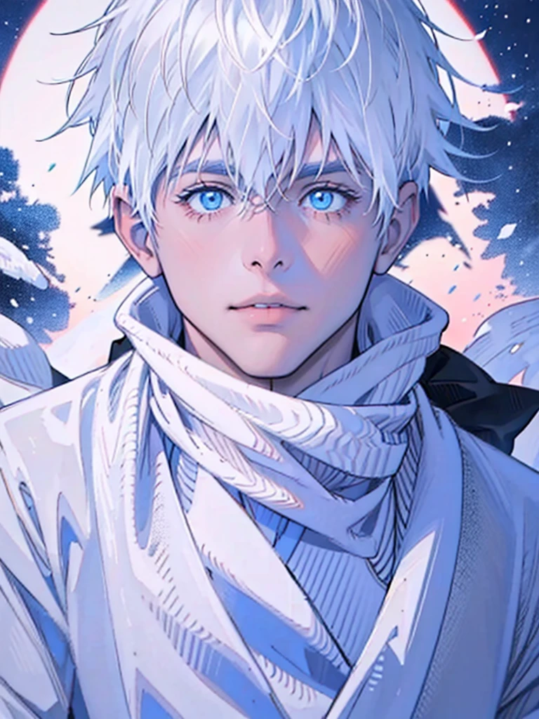 Gojo Satoru walk in winter coated in snow ,white hair , blue eyes