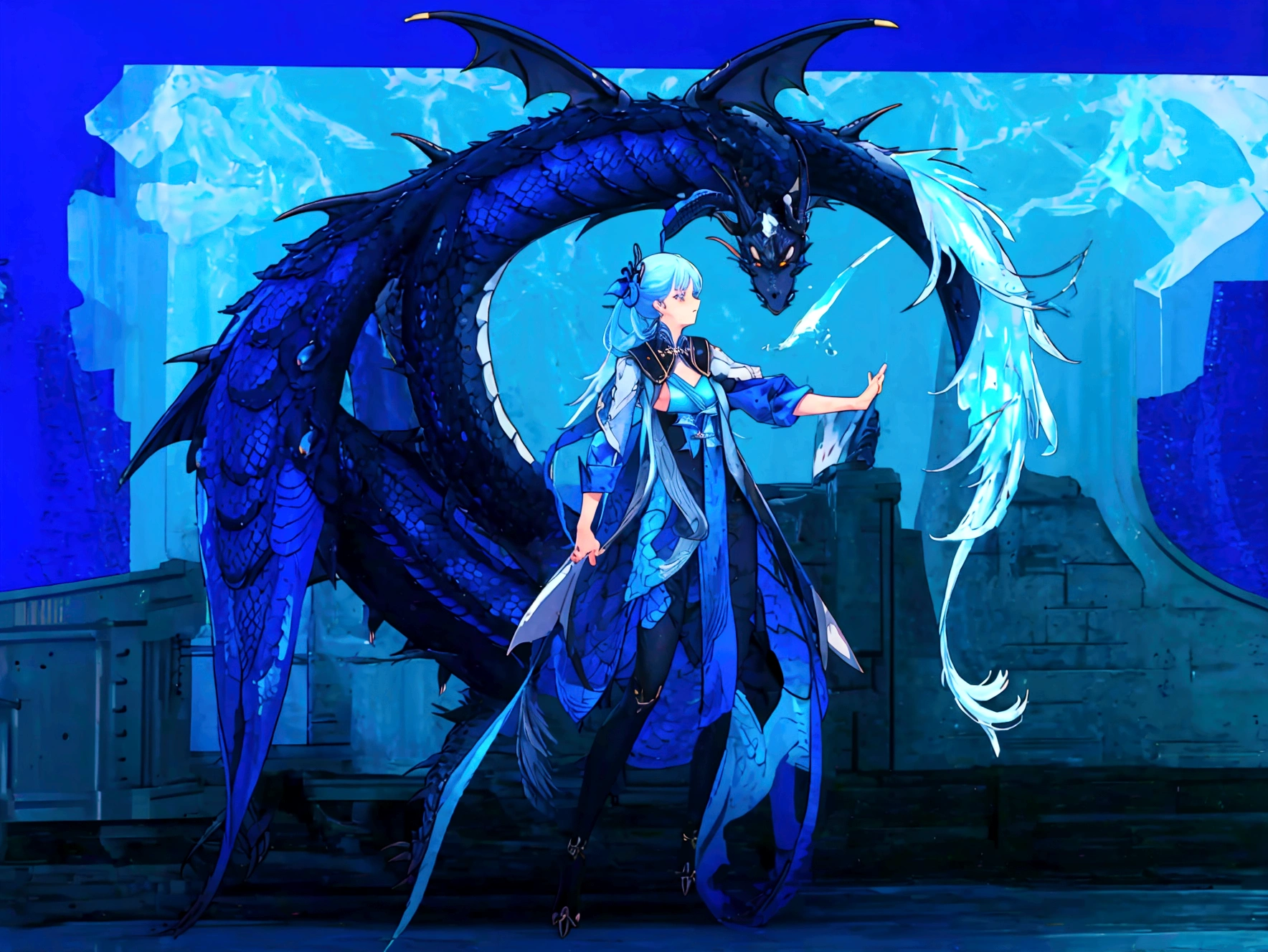 Character (jinshi) (character in dynamic pose) (full body) (blue long dragon background)