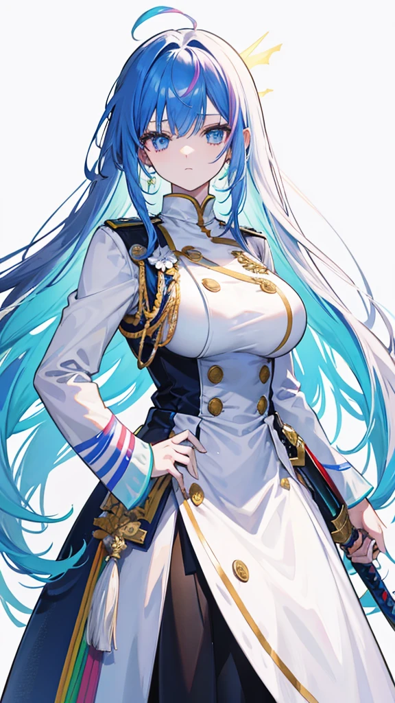 rainbow colored hair, expressionless, neat white uniform, holding a sword, very large breasts, long straight hair