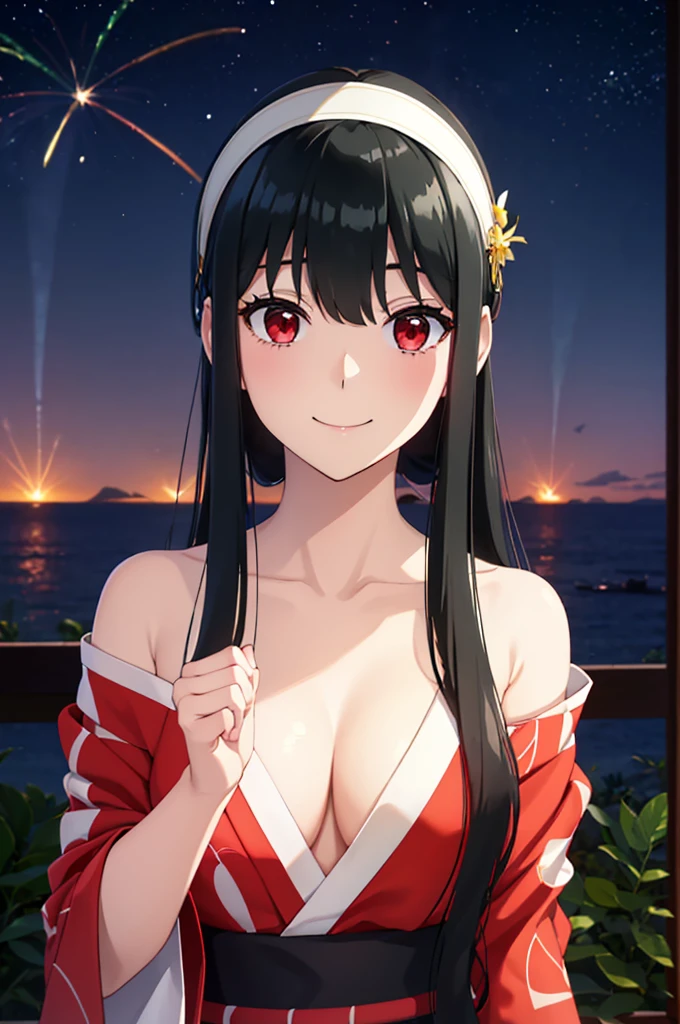 (SFW:1.8、masterpiece, Highest quality),1people々々, 一people々々in, Absurd、現実inは捉えられないディテールと美しさ、hyper Realistic, Realistic,Realistic, Looking at the audience, 美しいbangs:2、魅力的なbangs:2、bangs:2、), Mouth closed, Big Tits Eyes、eyelash、 whole :2、(((Add highlights to the eyes:1.4、Long Hair、She is very 美しい and cute、Show me your ears、Beautiful long neck:1.8、smile、Close your mouth and smile:1.5、bangsと美しい歯)))、Ideal body type、((firework、Night Sky、Night Skyに美しいfirework、))、Beautiful long neck:1.6、Perfect Anatomy、people々Beautiful pads that make you feel happy:2、自然in快適な照明、Keep an eye on your audience、Shadow Fade、Listen carefully、smile、((Black Hair、Red yukata、White hair band、Red eyes))、A starry sky、Rich nature background、fireworkの光、Off the shoulder、Underwear is visible、the chest is slightly visible、Open yukata、The yukata is a little off、Cleavage、White underwear、White Lingerie