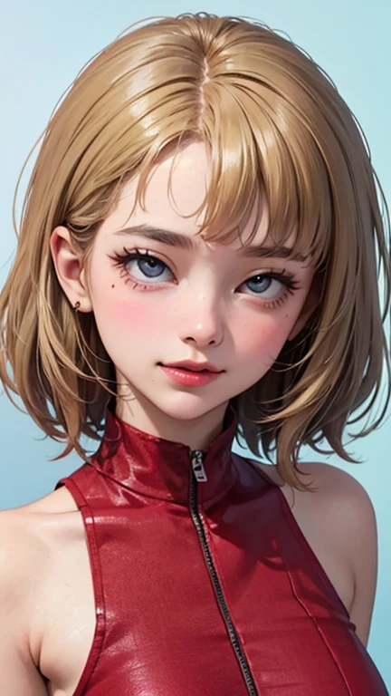 blush a little and smile, (Top quality masterpiece:1.2) Delicate illustrations, Very detailed, /Beautiful Japanese Women、1 person,Very cute and slim、Great style 、((8K images、super high quality))、Very delicate face, Skin and Hair、beautifule forehead、Red lipstick、(((((Medium Hair、Blonde、lure))))),Very cute Japanese cut face、Eyes and nose are clearly visible、Kind eyes,((((Sleeveless fashion))))