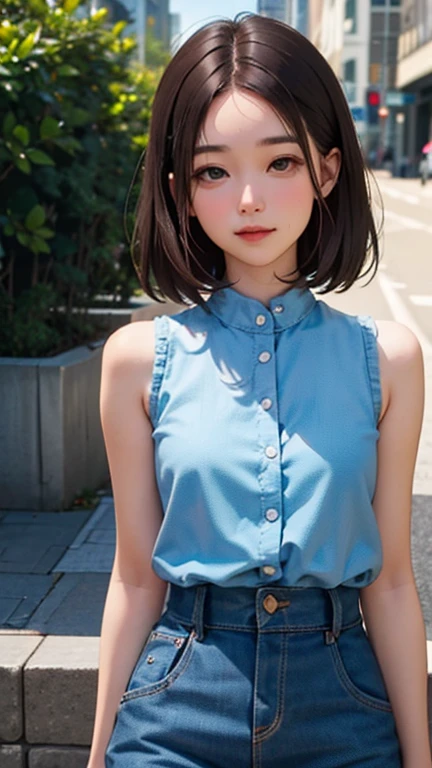 blush a little and smile, (Top quality masterpiece:1.2) Delicate illustrations, Very detailed, /Beautiful Japanese Women、1 person,Very cute and slim、Great style 、((8K images、super high quality))、Very delicate face, Skin and Hair、beautifule forehead、Red lipstick、(((((Medium Hair、Light brown hair、lure))))),Very cute Japanese cut face、Eyes and nose are clearly visible、Kind eyes,((((Sleeveless fashion))))