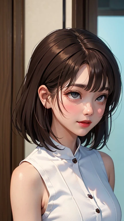 blush a little and smile, (Top quality masterpiece:1.2) Delicate illustrations, Very detailed, /Beautiful Japanese Women、1 person,Very cute and slim、Great style 、((8K images、super high quality))、Very delicate face, Skin and Hair、beautifule forehead、Red lipstick、(((((Medium Hair、Light brown hair、lure))))),Very cute Japanese cut face、Eyes and nose are clearly visible、Kind eyes,((((Sleeveless fashion))))