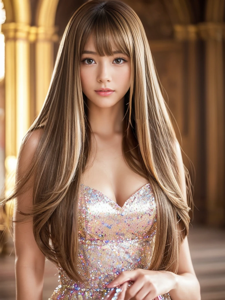 ((whole body))　(big 1.4)　Beautiful Fantasy Girl　((Highest quality)), ((masterpiece)), (Get used to it), Perfect Face　(1 Girl)　(French)　(she is 15 years old、The cutest teen in France.)　((Highest quality)), ((masterpiece)), length blonde hair 　length, 輝く茶colorの髪,Golden Silky Hair, Straight Brown Hair, length blonde straight hair, Perfect Silky Straight Hair, Straight Brown Hair, length blonde hair, sheの髪は長くてまっすぐだ, detailed length 　((big 1.4))　Super Long Hair down to the ankles　((Neat bangs　The neatly trimmed bangs are princess cut and cover the entire forehead......))...　明るい深紅colorの唇　good, Anatomically correct hand　Thin fingers　Anatomically correct5本の指　Sexy professional makeup　Beautiful French girl face, French facial features, Long Hair shiny Long Hair, length, 輝く茶colorの髪, length, Straight Brown Hair, sheの髪は長くてまっすぐだ, Super Long Hair girl, Silky Hair, length blonde hair, Silky Hair, length, Flat Hair, Silky texture, Long Hair, length, Flowing brown hair, thin and shiny hair　Anatomically correct、White beautiful human skin and detail of hands and fingers　Beautiful Eyes　Mouth Details　the corners of the mouth rise slightly　Cool look　　(眉毛のcolorは濃い茶colorです)　　(黄color dress posing for a picture, Disney Portraits, tumbler, What it is？, wearing organza gown, dressed beautiful gown, lady using 黄color dress, color: 黄color, A woman wearing a sparkly floral dress, elegant 黄color skin, gown, Fantasy Dress, Formal Wear, light 黄color　beautiful gown, 黄color theme　)　(A church with high quality stained glass..)　(she&#39;Random Pause)　(Random model standing pose)、Dressed in a white tank top