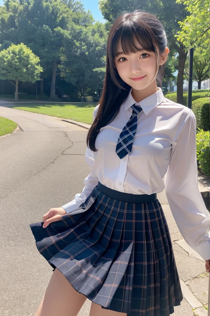 White blouse,Dark blue plaid pleated skirt,tie,16 years old,high school girl,Black Hair,bangs,Straight hair,ponytail,Dark Eyes,Small face,Young Face,Clean your eyes,Small Mouth,Showing teeth,thin,Young Face,,Flat Chest,Flat Chest,Flat Chest,Flat Chest,Forest Park,Realistic photos,8K,smile,White teeth,Ultra HD,Standing posture,whole body,Skirt flipped up by the wind,Panty shot,Upskirt,White panties,