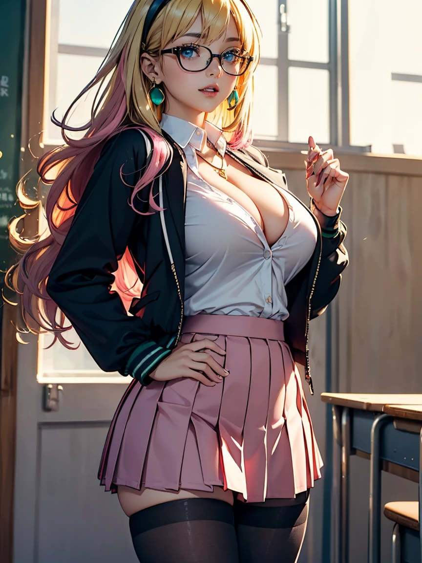 (masterpiece:1.5), (medium breasts), 1 girl, young woman, (Beautiful Girl:1.5), (extremely detailed and delicate anime face and eyes:1.5), whole body, (natural light, HDR, extremely details CG:1.3), (dynamic posture:1.3), {correct body anatomy}, (wide hips:1.4), (perfect hands:1.3), single focus, toned body, Beautiful Lips, thick lips, {surreal}, {correct posture}, {minutes details}, {detailed body}, {detailed clothing}, {glasses}, (cleavage: 1.3), {accessories}, {sexy}, {solo}, (school uniform: 1.5), high school student outfit, (school jacket: 1.5), long sleeves jacket, short skirt, (pleated short skirt: 1.3), (thigh-high pantyhose: 1.3), black pantyhose, blouse, ribbon tie, lace collar with tie, high heel boots, earrings, necklace, hairband, hairclip, (light smile: 1.3), long hair, (two-tone hair: 1.5), (blonde hair: 1.5), (pink hair: 1.3), (green hair: 1.2), (blue eyes: 1.3),