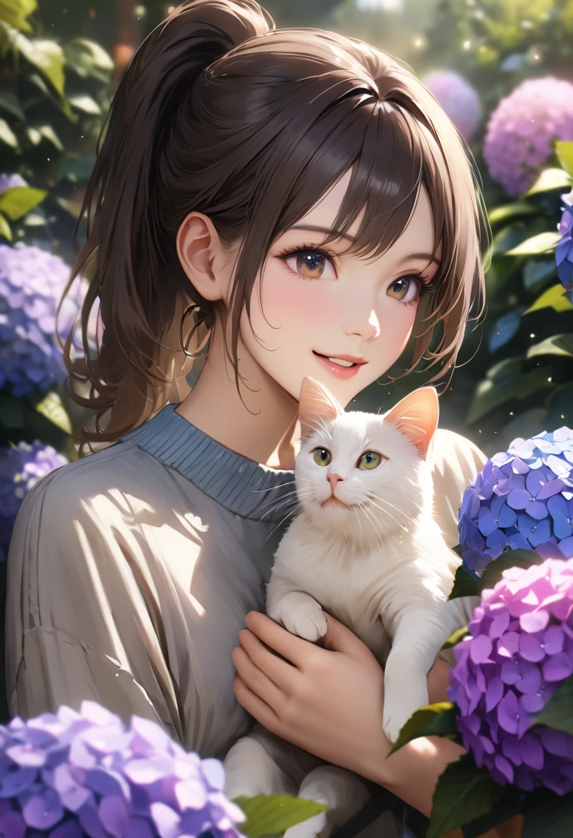 Hydrangea Park, Cute casual clothes,Holding a cat,Blur the background,high school girl,ponytail,smile,Glitter effect,Highest quality, 4K, 8K, High resolution, masterpiece:1.2, Very detailed, Realistic:1.37, High resolution, 超High resolution, Ultra-fine painting, Sharp focus, Physically Based Rendering, Very detailedな説明, Professional, Vibrant colors