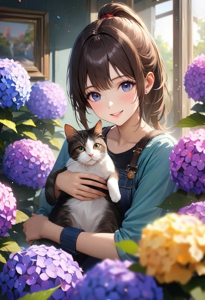 Hydrangea Park, Cute casual clothes,Holding a cat,Blur the background,high school girl,ponytail,smile,Glitter effect,Highest quality, 4K, 8K, High resolution, masterpiece:1.2, Very detailed, Realistic:1.37, High resolution, 超High resolution, Ultra-fine painting, Sharp focus, Physically Based Rendering, Very detailedな説明, Professional, Vibrant colors