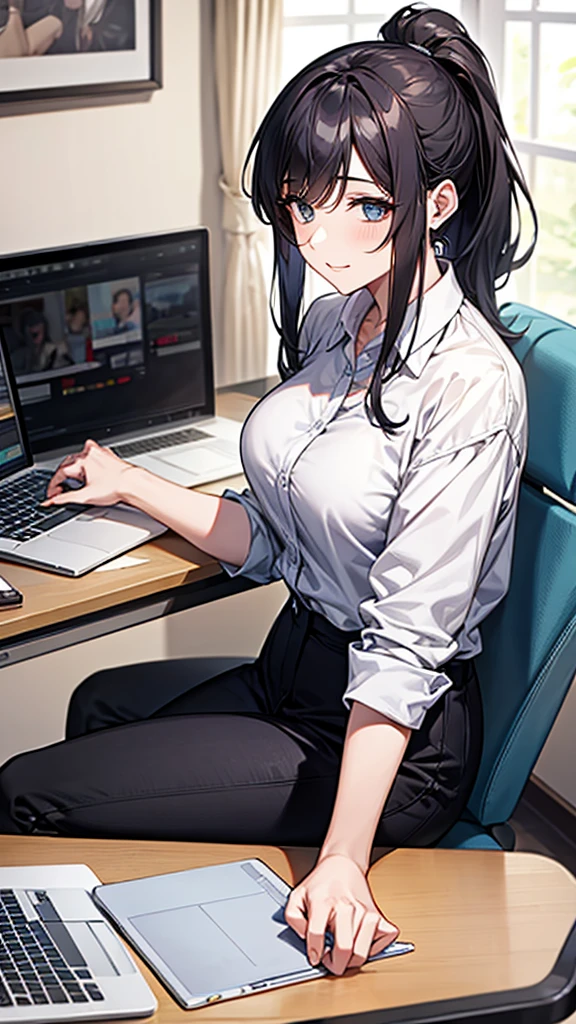 1 Woman Standing, holding a coffee cup, Turn your back, Clothing of office workers, Mature Woman, /(Black Hair/) bangs, (Masterpiece Top quality:1.2) Delicate illustrations, super detailed, Slender, /(Modern office indoors/), Skyscraper,modern, Verism, masterpiece, textured skin, super detail, best quality, 4K