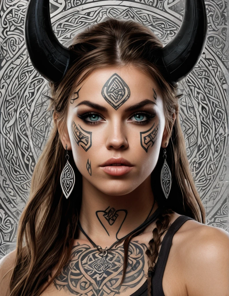 mujer guerrera vikinga, sexi, cuerpo esbelto, cabello rubio con trenzas, mirada desafiante, primer plano, super realista, small tattoo on the face.