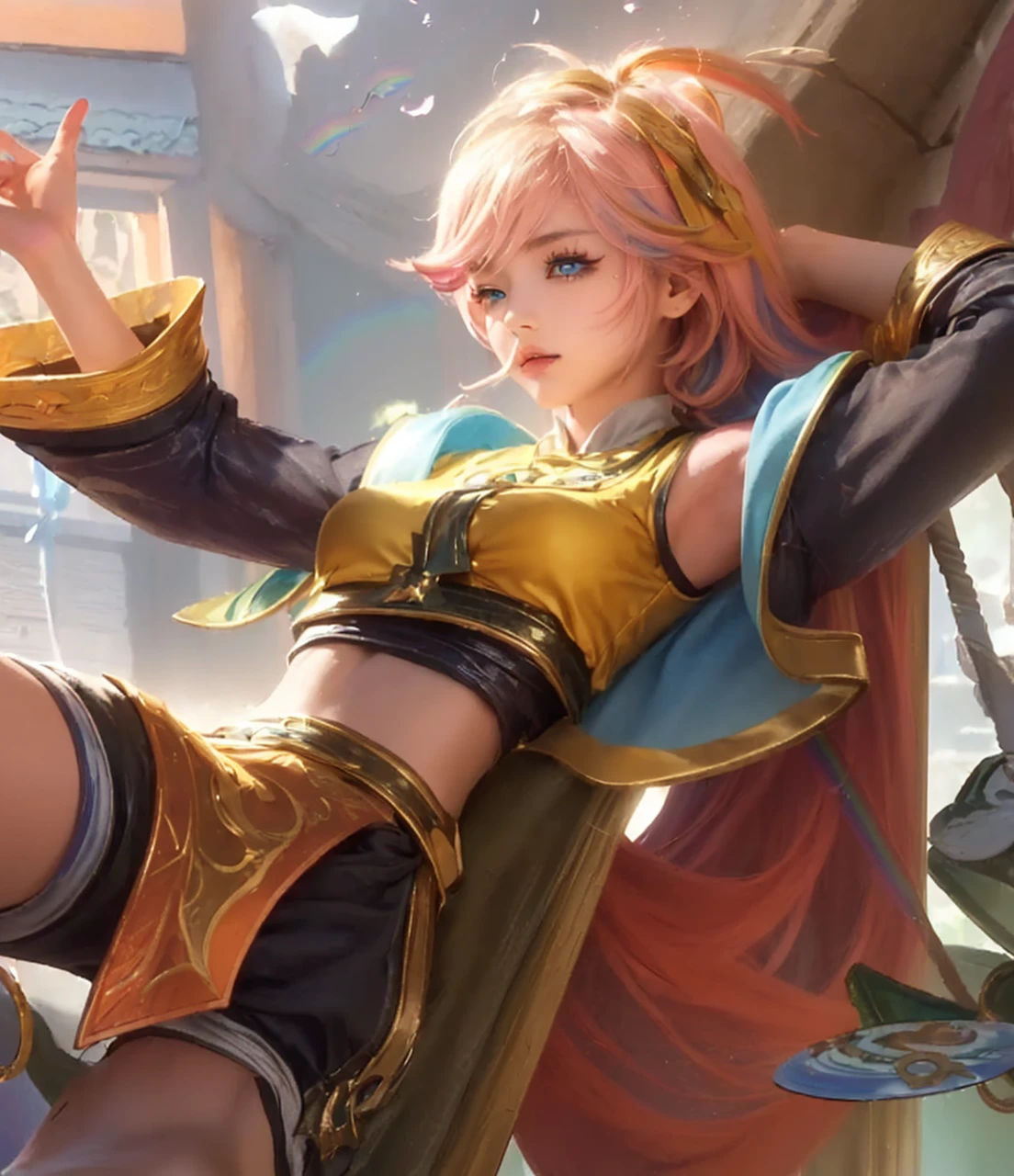 finely detail, hight resolution, hightquality、Perfect dynamic composition, Beautiful detailed eyes, Medium Hair, 、Natural Color Lip,Kamimei、Blouses and flared skirts、20 years girl、1 persons、Transparent skin、Glowing hair、masutepiece, Best Quality, Illustration, Ultra-detailed, finely detail, hight resolution, 8K、The correct state of the human body、Crouch down、pretty pose,dishevled hair,beauty legs,Perfect beautiful face,KPOP Idol Face,Anatomically correct condition (make sad face)