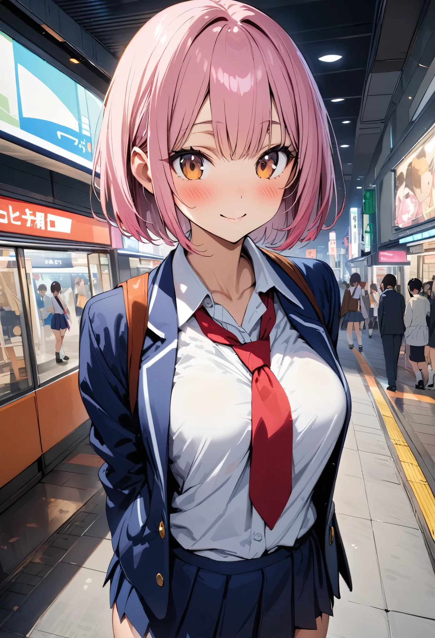((masterpiece,Highest quality:1.3,best quality illustration)),cowboy shot,1woman,16-year-old Japan beauty,((very small head:1.4)),short bob hair,bangs,(pink hair),brown eyes,gorgeous eyes,blush,smile,medium breasts,((very long body)),(School uniform,Navy blue blazer、Red tie、White Shirt、Navy blue pleated mini skirt),(toned body,slender body,skinny),gleaming skin,shiny skin,oily skin,standing,Shibuya Station、Tokyo