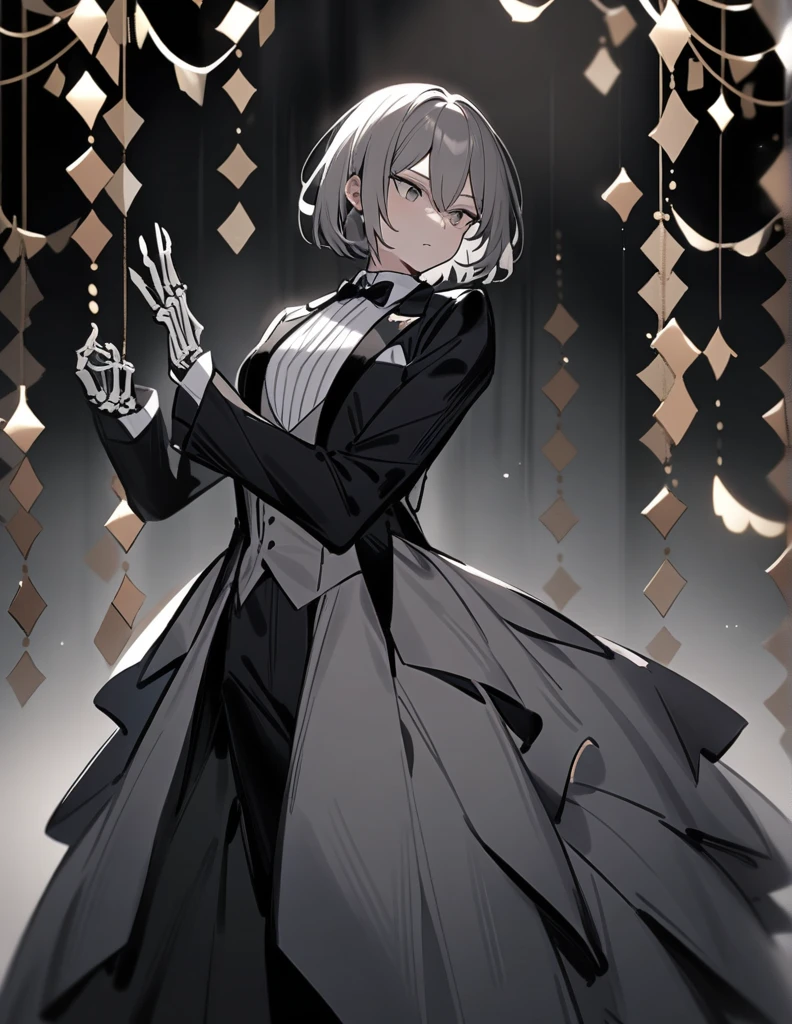 a skeleton female butler with short hair, wearing a feminine suit, in an elegant pose, in a large gray room with some decorations
