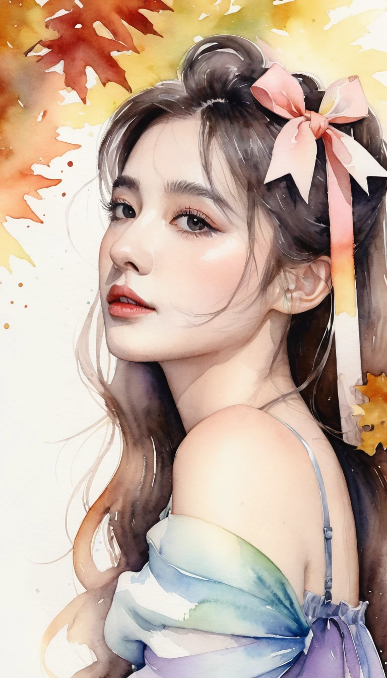 (8K, Highest quality, masterpiece:1.2),(Highest quality:1.0), (Ultra-high resolution:1.0), watercolor, Beautiful woman, shoulder, Hair Ribbon, Agnes Cecil, Half Body Portrait, Very bright and luminous design, pastel colour, (ink:1.3), Autumn Light,