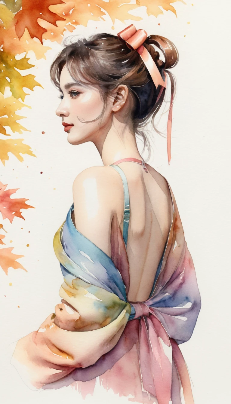 (8K, Highest quality, masterpiece:1.2),(Highest quality:1.0), (Ultra-high resolution:1.0), watercolor, Beautiful woman, shoulder, Hair Ribbon, Agnes Cecil, Half Body Portrait, Very bright and luminous design, pastel colour, (ink:1.3), Autumn Light,