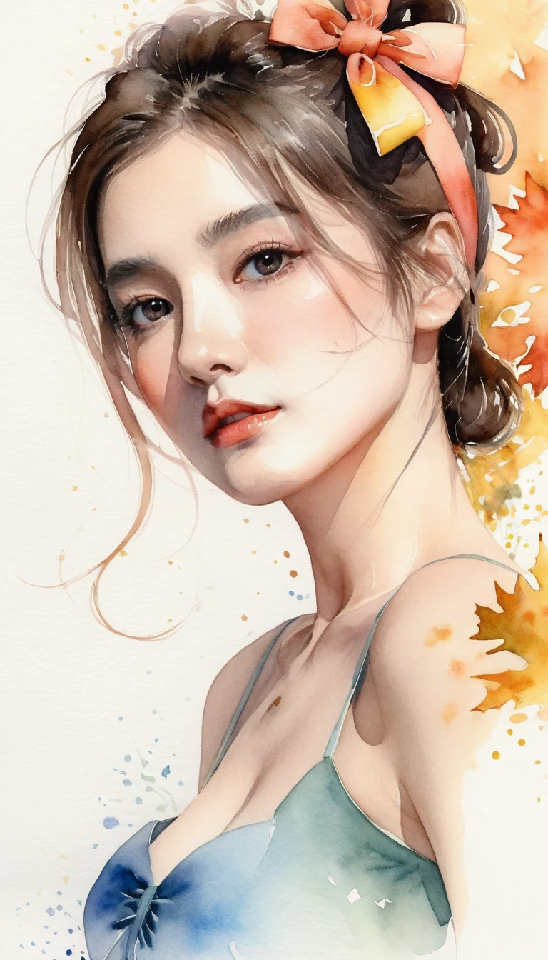 (8K, Highest quality, masterpiece:1.2),(Highest quality:1.0), (Ultra-high resolution:1.0), watercolor, Beautiful woman, shoulder, Hair Ribbon, Agnes Cecil, Half Body Portrait, Very bright and luminous design, pastel colour, (ink:1.3), Autumn Light,