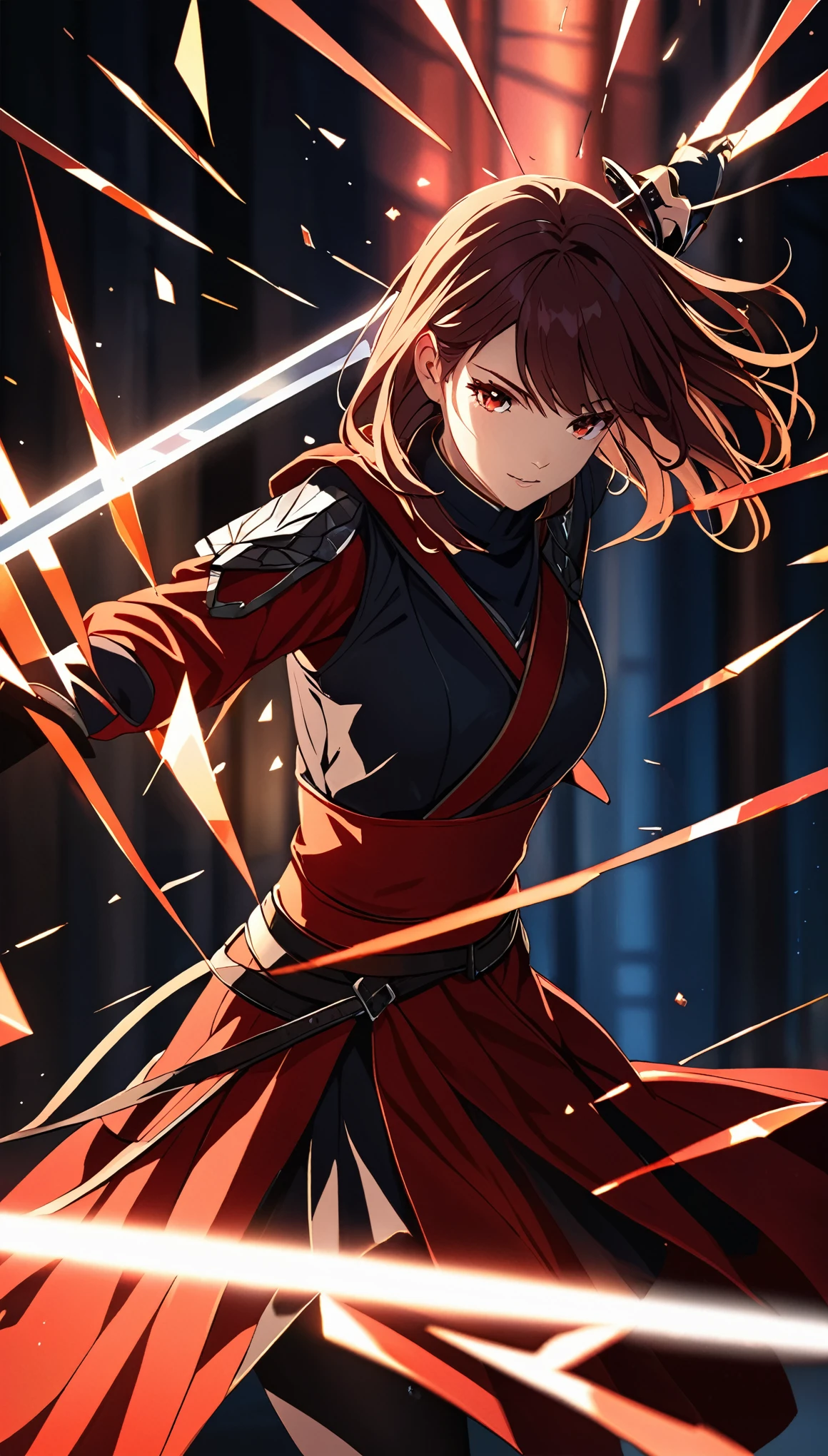 shattered glass，broken，refraction，Reflective，Light and Shadow Art，1 Girl，Half Body，Blurred foreground，Dynamic Action，Motion Blur，Glowing longsword，Red light