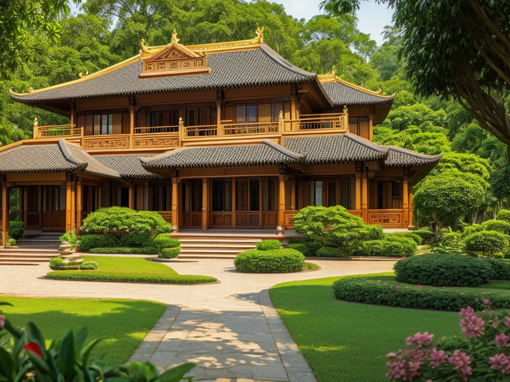 A wide full shot of a stunning Indochine style house with a large front entrance, captured by Orshi Drozdik. The house blends traditional Asian and French colonial architectural elements, featuring elegant and subtle art nouveau detailing. The exterior shot provides a full-view of the house, highlighting large windows, ornate balconies, and a beautiful entrance surrounded by lush greenery. The serene and majestic atmosphere is enhanced by the intricate design details and the perfect blend of Eastern and Western influences. Shallow depth of field, focused foreground, bokeh background. ((8k)), high quality detail, sophisticated and harmonious landscape, Indochine elegance with art nouveau accents.