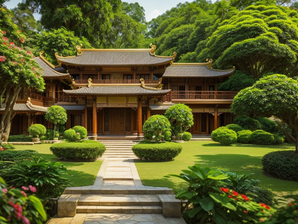 A wide full shot of a stunning Indochine style house with a large front entrance, captured by Orshi Drozdik. The house blends traditional Asian and French colonial architectural elements, featuring elegant and subtle art nouveau detailing. The exterior shot provides a full-view of the house, highlighting large windows, ornate balconies, and a beautiful entrance surrounded by lush greenery. The serene and majestic atmosphere is enhanced by the intricate design details and the perfect blend of Eastern and Western influences. Shallow depth of field, focused foreground, bokeh background. ((8k)), high quality detail, sophisticated and harmonious landscape, Indochine elegance with art nouveau accents.