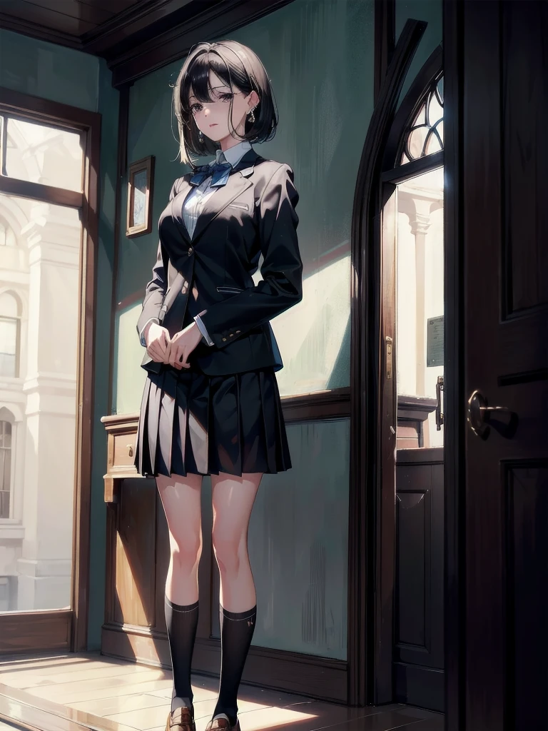 absurdres, RAW photo, extremely delicate and beautiful, masterpiece, Best Quality, ultra high resolution, 32k, hyperrealistic, ultra-detailed, in her 20s, delicate facial features, tearful mole, earring, medium breasts, full body shot, shorter middle hair, black hair, ((school uniform)), (blazer),