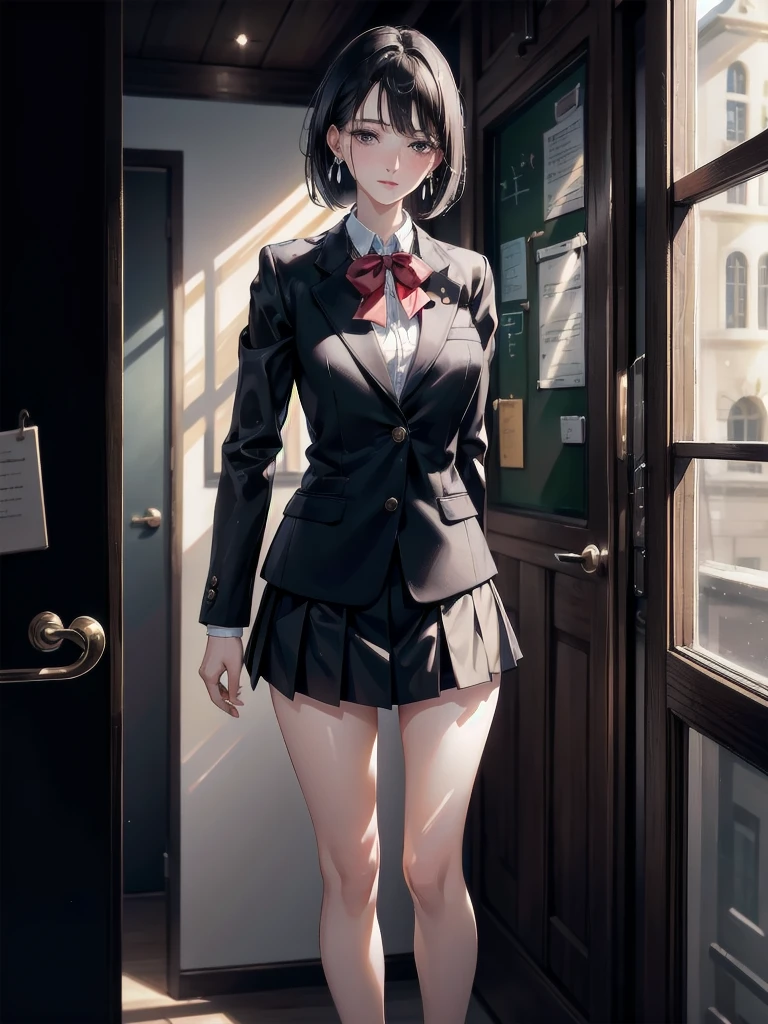 absurdres, RAW photo, extremely delicate and beautiful, masterpiece, Best Quality, ultra high resolution, 32k, hyperrealistic, ultra-detailed, in her 20s, delicate facial features, tearful mole, earring, medium breasts, full body shot, shorter middle hair, black hair, ((school uniform)), (blazer),