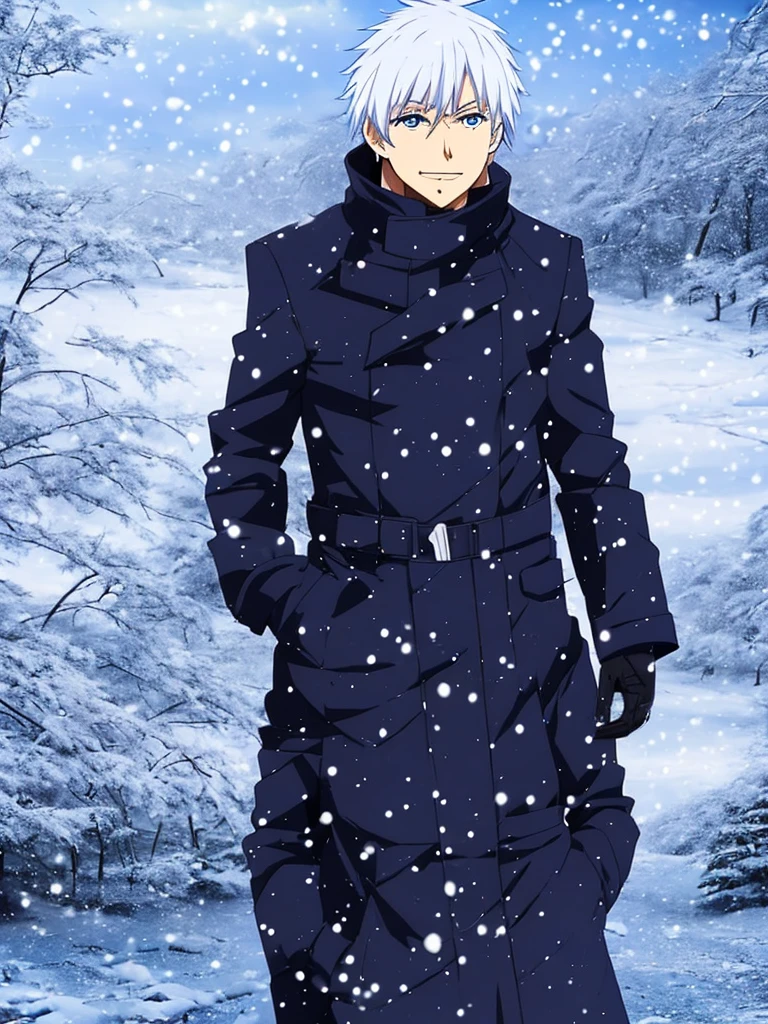 Gojo Satoru walk in winter coated in snow ,white hair , blue eyes