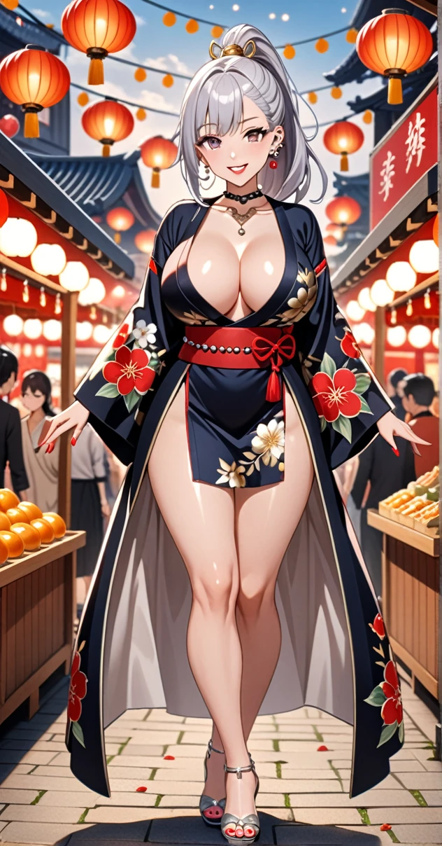 ((one girl)), hyper detailed, absurdres, 8K,Cute face, Beautiful Face, ((Doing sexy poses:1.4)), ((laugh:1.8)), ((Wink:1.8)), (Laugh with your mouth wide open),(Tilt your head:1.3), View your viewers, ((Bright red cheeks:1.6)),Glossy Red Lips, ((Big Breasts:1.4)) night, Festival stalls on high ground, (Brighten your face), ((Anime style background)),masterpiece, Highest quality, so beautiful,Latest, Complex details, (Pink long nails), (nail art), (ring),(bracelet), (helix piercing:1.7), (Floral Choker),AI-generated, Complex,High resolution, Highest quality, super high quality,3D Images、3D Images,One person,Long white hair,(High Ponytail), Anime woman posing for a photo,((silver eyes:1.6)), ((Fine grain、blue eyes、Shining Eyes:1.3)), (Squint your eyes:1.1),a hyperRealistic , hyperRealistic , Realistic,Anime woman with long white hair, Smooth anime CG art, With gold embroidery、A girl in a gorgeous kimono, ((Black long sleeve kimono:1.3)),(Red large floral pattern) ,Long flower hair ornament,(black high heel sandals), Floral Earrings,Mature Body, expensive,Abdominal muscles,Tight waist,((full body:1.4)), (front view),
