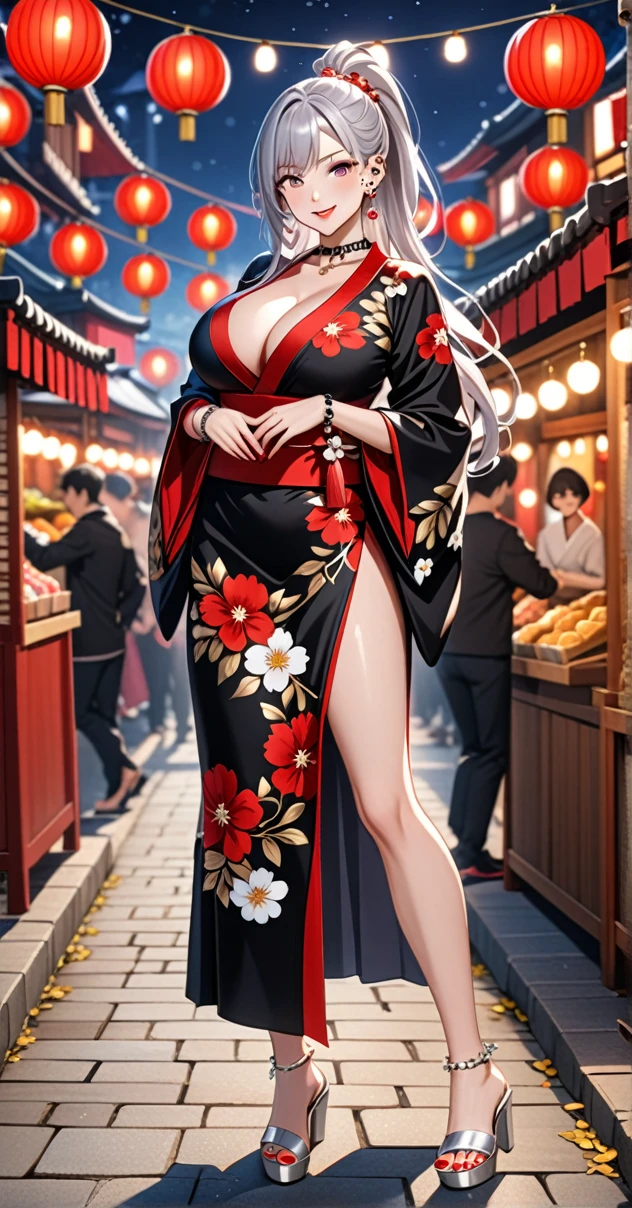 ((one girl)), hyper detailed, absurdres, 8K,Cute face, Beautiful Face, ((Doing sexy poses:1.4)), ((laugh:1.8)), ((Wink:1.8)), (Laugh with your mouth wide open),(Tilt your head:1.3), View your viewers, ((Bright red cheeks:1.6)),Glossy Red Lips, ((Big Breasts:1.4)) night, Festival stalls on high ground, (Brighten your face), ((Anime style background)),masterpiece, Highest quality, so beautiful,Latest, Complex details, (Pink long nails), (nail art), (ring),(bracelet), (helix piercing:1.7), (Floral Choker),AI-generated, Complex,High resolution, Highest quality, super high quality,3D Images、3D Images,One person,Long white hair,(High Ponytail), Anime woman posing for a photo,((silver eyes:1.6)), ((Fine grain、blue eyes、Shining Eyes:1.3)), (Squint your eyes:1.1),a hyperRealistic , hyperRealistic , Realistic,Anime woman with long white hair, Smooth anime CG art, With gold embroidery、A girl in a gorgeous kimono, ((Black long sleeve kimono:1.3)),(Red large floral pattern) ,Long flower hair ornament,(black high heel sandals), Floral Earrings,Mature Body, expensive,Abdominal muscles,Tight waist,((full body:1.4)), (front view),