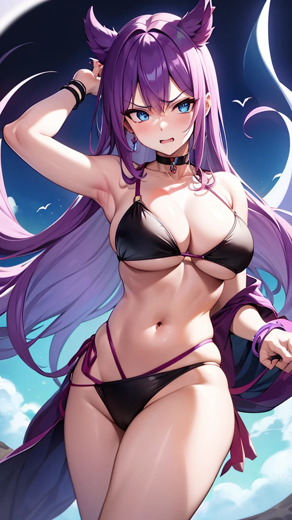 An adult woman half dragon, dragon tail, wide breasts, blue eyes, purple hair, very angry, and wears a bikini, and very sexy