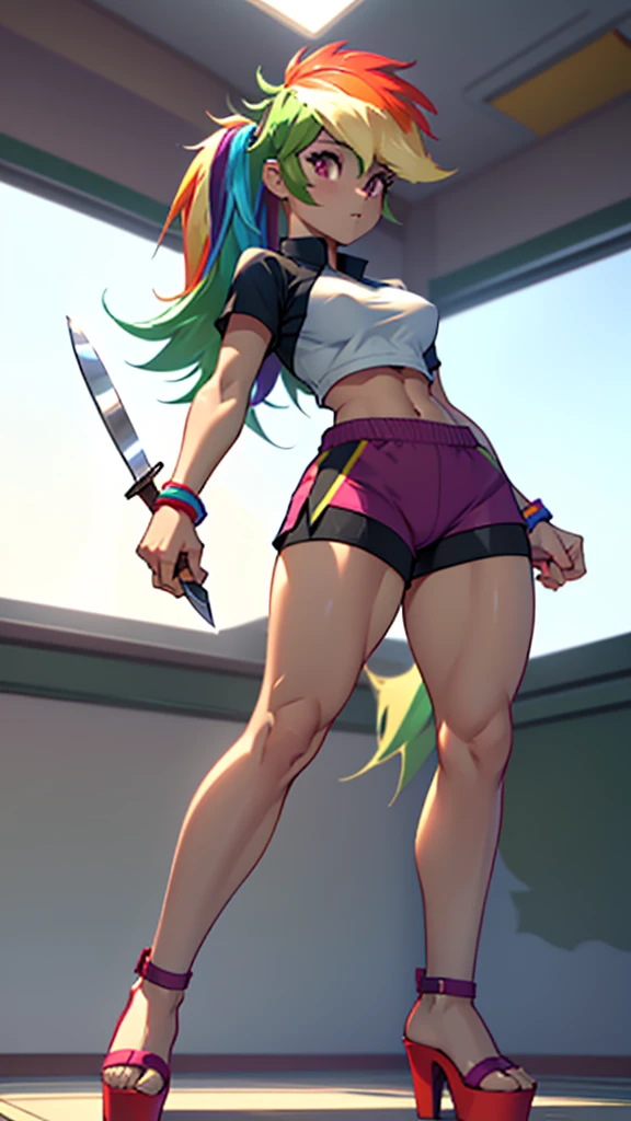 best quality, high quality, a cute girl, solo, rainbow dash, small croptop, spandex shorts, thick thighs, ((open-toe stiletto heels, visible feet, highly detailed feet, holding a dildo)), locker room, school, ((4k, masterpiece, high-resolution))