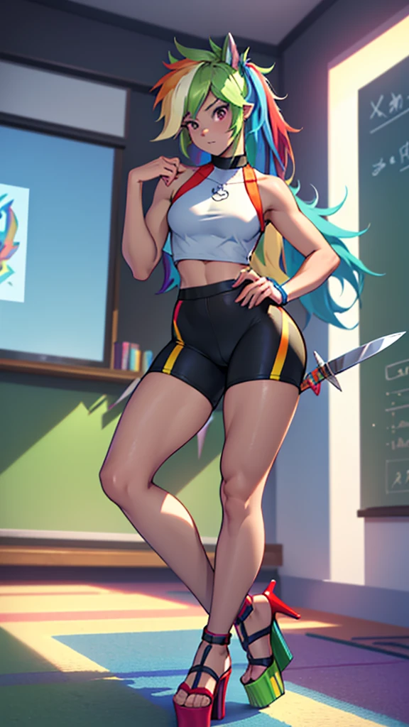 best quality, high quality, a cute girl, solo, rainbow dash, small croptop, spandex shorts, thick thighs, ((tall open-toe platform high heels, visible feet, highly detailed feet, holding a knife, extra small breasts)), classroom, school, ((4k, masterpiece, high-resolution))